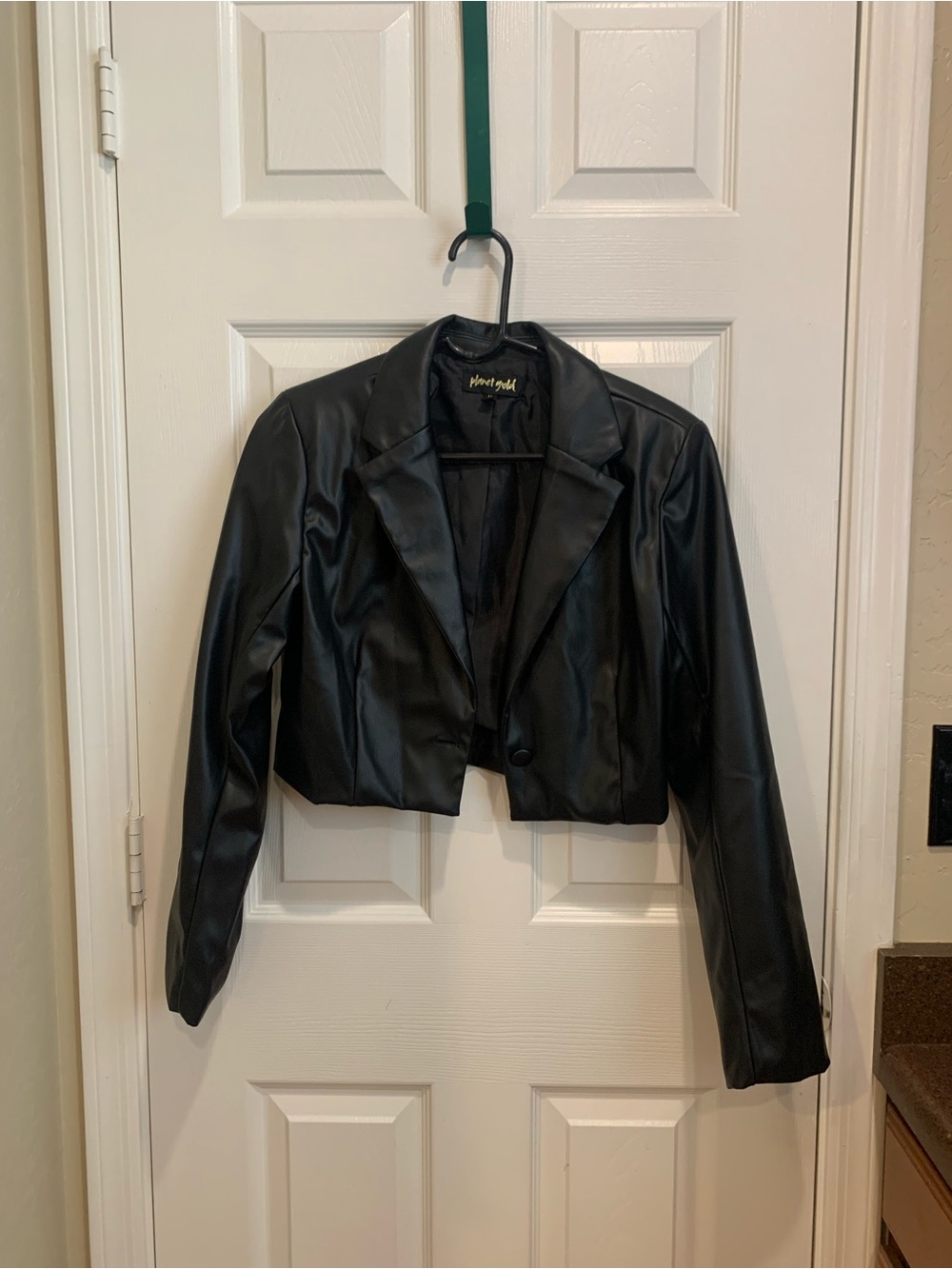Black Cropped Faux Leather Blazer Jacket